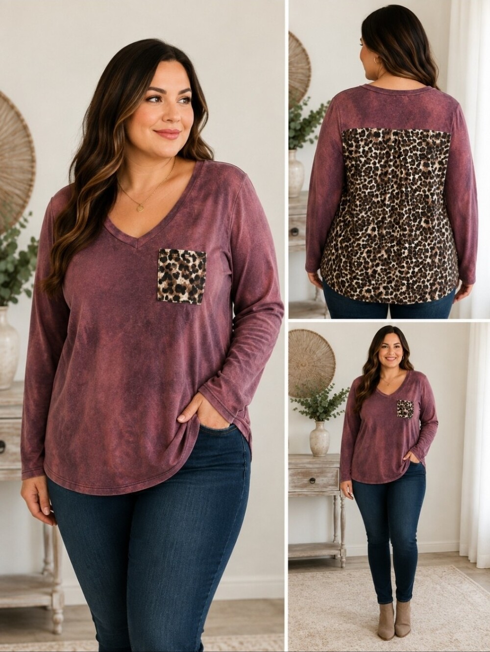 Heimish 3X Mauve Leopard Print Long Sleeve V-Neck Top Plus Size